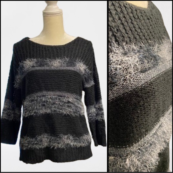 Black Sweater w Grey Eyelash Stripes, Waist Length, Love By Design, Like-New - Picture 1 of 8